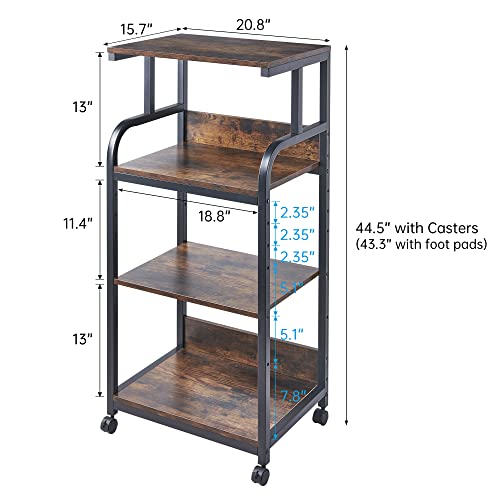 Fannova 4 Tier Printer Stand with Adjustable Storage Shelf, Large Tall Printer Table with Wheels for Home Office Small Spaces Organization, Stand Cart for Computer PC Tower CPU Shredder, Rustic Brown