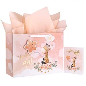wrapaholic 16″ extra large baby girl gift bag with card and tissue paper – for baby shower, new baby
