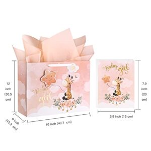 WRAPAHOLIC 16" Extra Large Baby Girl Gift Bag with Card and Tissue Paper - For Baby Shower, New Baby