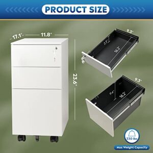 DEVAISE Slim File Cabinet with Lock, 3 Drawer Mobile Filing Cabinet for Legal/Letter/A4 Size, Fully Assembled Except Wheels, White