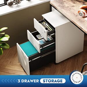 DEVAISE Slim File Cabinet with Lock, 3 Drawer Mobile Filing Cabinet for Legal/Letter/A4 Size, Fully Assembled Except Wheels, White