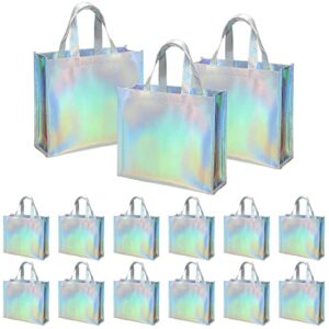 tondiamo 12 pcs 12 x 10 x 4 inch non woven reusable handled gift bags thickened hemming holographic gift bags glossy welcome bags for shopping birthday party wedding, dazzling color
