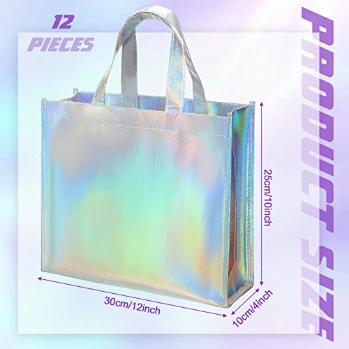 Tondiamo 12 Pcs 12 x 10 x 4 Inch Non Woven Reusable Handled Gift Bags Thickened Hemming Holographic Gift Bags Glossy Welcome Bags for Shopping Birthday Party Wedding, Dazzling Color