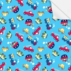 geluode birthday wrapping paper for boys men kids, cartoon car red fire trucks boat transport blue wrapping paper 6 sheets 20×28 inches per sheet