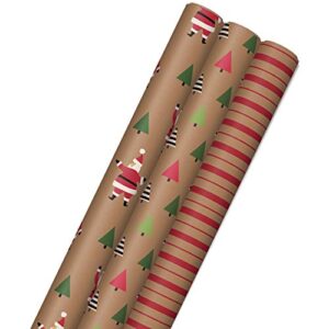 hallmark recyclable christmas wrapping paper with cut lines on reverse (3 rolls: 90 sq. ft. ttl) kraft brown with santas, green trees, red stripes