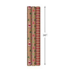 Hallmark Recyclable Christmas Wrapping Paper with Cut Lines on Reverse (3 Rolls: 90 sq. ft. ttl) Kraft Brown with Santas, Green Trees, Red Stripes