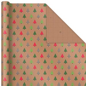 Hallmark Recyclable Christmas Wrapping Paper with Cut Lines on Reverse (3 Rolls: 90 sq. ft. ttl) Kraft Brown with Santas, Green Trees, Red Stripes