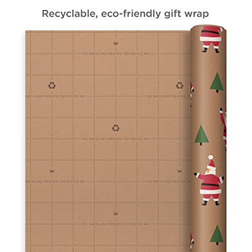 Hallmark Recyclable Christmas Wrapping Paper with Cut Lines on Reverse (3 Rolls: 90 sq. ft. ttl) Kraft Brown with Santas, Green Trees, Red Stripes