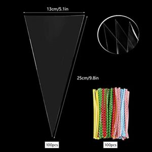 Pack of 100 Sweet Bags, 25 x 13 cm, Candy Bar Bags, Cone Bag, Cellophane Bags with 100 Twist Ties, Gift Bags for Sweets, Chocolate, Sweets, Biscuits