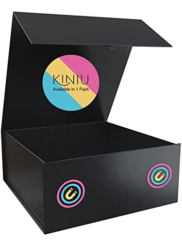 kiniu Black Gift Box with Lid 9.25x9.25x3.75 Inches - Square Collapsible Magnetic Closure Box for Gifts, Groomsman Box, Bridesmaid Proposal Boxes, Wedding, Birthday, Christmas (Black)