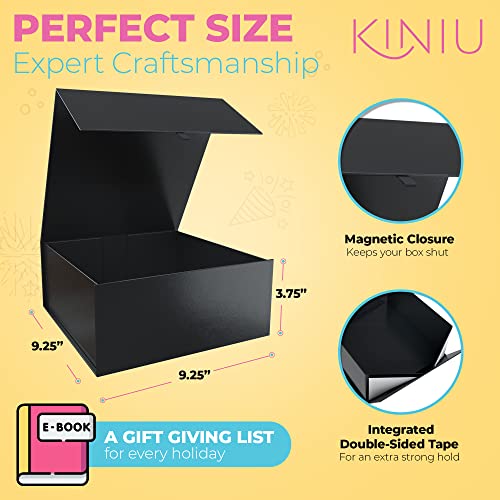 kiniu Black Gift Box with Lid 9.25x9.25x3.75 Inches - Square Collapsible Magnetic Closure Box for Gifts, Groomsman Box, Bridesmaid Proposal Boxes, Wedding, Birthday, Christmas (Black)