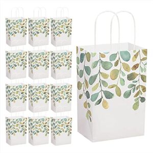 home & hoopla spring greenery watercolor green leaf paper gift bags and party favor bags, 5.25″x3.5″x8.25″ (12 pack)