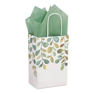 HOME & HOOPLA Spring Greenery Watercolor Green Leaf Paper Gift Bags and Party Favor Bags, 5.25"x3.5"x8.25" (12 Pack)
