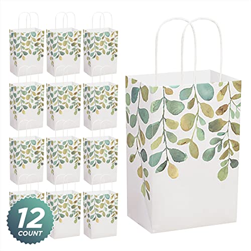 HOME & HOOPLA Spring Greenery Watercolor Green Leaf Paper Gift Bags and Party Favor Bags, 5.25"x3.5"x8.25" (12 Pack)
