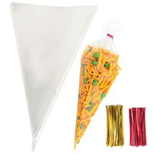 cone cellophane bags,200 pcs 6.3″x11.8″ cello clear cone shaped treat bags with twist ties, plastic cone bags triangle bags for popcorn favor candy