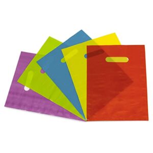plastic bags with handles – 9×12 inch 100 pack 1.25 mil merchandise bags for small business, multi color retail shopping totes in bulk for boutiques, stores, kids birthdays , party favor, goodies