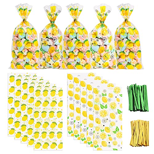 peony man 150 Pcs Lemon Cellophane Bags Lemon Cello Treat Bags Clear Candy Bags Plastic Goodie Storage Bags with 200 Pcs Twist Ties for Lemon Themed Party Supplies Summer Candy Packaging