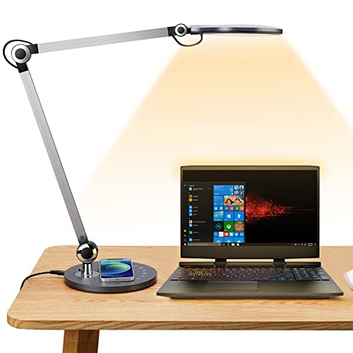 Buanick Desk Lamp,Led Architect Desk Lamp,Desk Lamps for Home Office,Table lamp with Wireless Charger & Adjustable Swing Arm,Touch Control, 3 Lighting Mode,5 Brightness,Eye-Caring Office Lamp