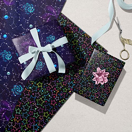 GIOLNIAY Galaxy Wrapping Paper for Boys Girls Birthday Baby Shower - Gift Wrap with Neon Stars, Watercolor Starry Sky with Constellations & Clouds, Galaxy with Nebula - 8 Sheets (20*29 Inch per Sheet), Recyclable, Easy to Store, Not Roll