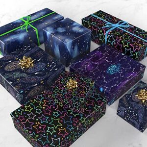 GIOLNIAY Galaxy Wrapping Paper for Boys Girls Birthday Baby Shower - Gift Wrap with Neon Stars, Watercolor Starry Sky with Constellations & Clouds, Galaxy with Nebula - 8 Sheets (20*29 Inch per Sheet), Recyclable, Easy to Store, Not Roll