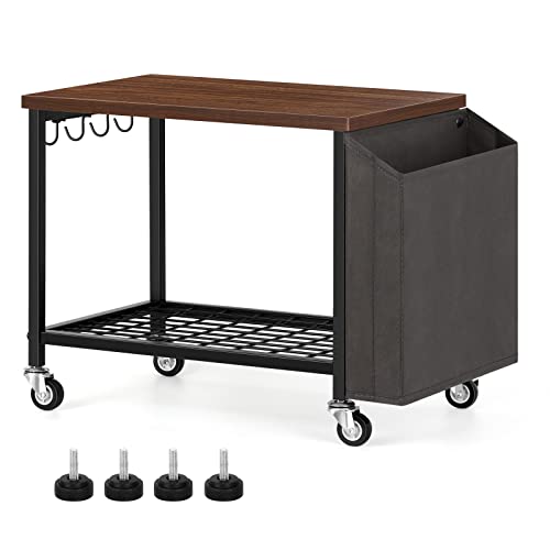 ETELI Printer Stand 2 Tier Small Mobile Printer Table Cart with Storage Bag and Wheels Wood Desktop Rolling Printer Cart with Metal Hooks for Home Office Fax Machine Scanner, Brown