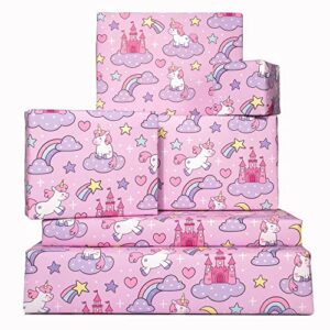 central 23 magical wrapping paper (x6) sheets – pink unicorn gift wrap – castles and princesses – for girls kids new baby – 1st 2nd 3rd
