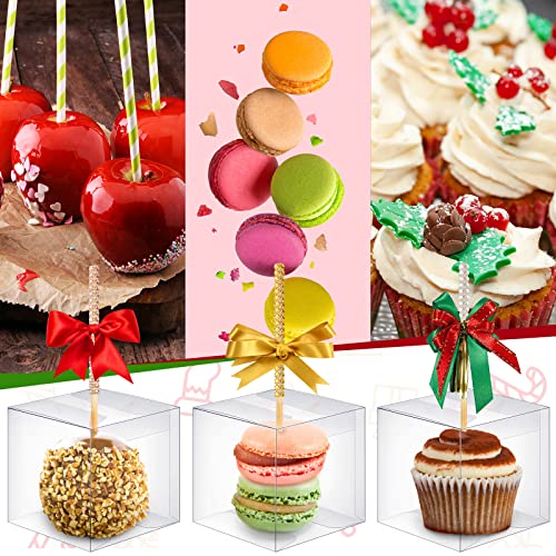 Juexica 100 Pcs Clear Caramel Apple Boxes with Hole Transparent Candy Apple Boxes PET Gift Boxes for Chocolate Wedding Ornaments Boxes, 4x4x4 Inch