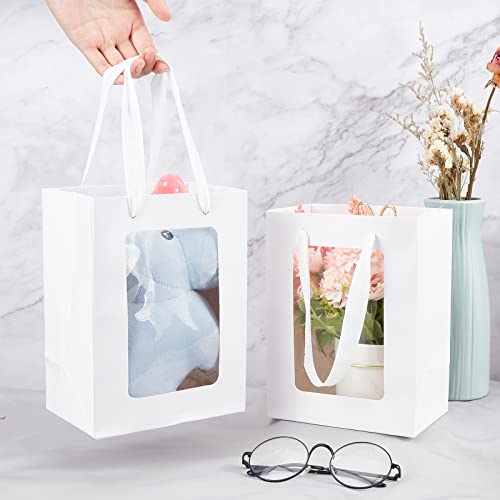 BENECREAT 10 Packs White Kraft Paper Bag with Clear Window 8x6x4 Gift Bags with Handle for Wedding Favor, Proposal Candy Gift Packing