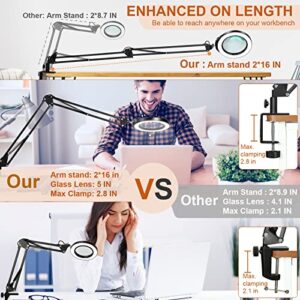 Veemagni 5 Inch Large Magnifying Glass with Light and Stand, 5 Color Modes Stepless Dimmable, 2*16 Inch Swivel Arm LED Clamp Desk Lamp, Hands Free 5X Lighted Magnifier for Close Work Crafts Soldering