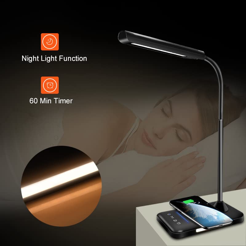 AFROG Multifunctional LED Desk Lamp with 10W Fast Wireless Charger,USB Charging Port, Night Light, 1200Lux Super Bright, 5 Lighting Mode, 7 Brightness,30/60 Min Timer, 12W Office Table Lamp