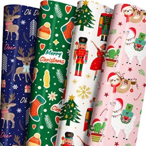 zintbial christmas wrapping paper for kids boys girls baby men women – holiday gift wrapping paper bundle including deer, stockings, snowflake, nutcracker, sloth – 29 x 42 inches per sheet (4 jumbo sheets) – 100% recyclable, easy to store not roll