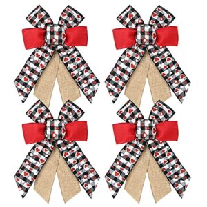 Hying 4 PCS Valentine's Day Bows for Wreath, Valentines Wreath Bow Black White Buffalo Plaid Bows Red Burlap Gift Bows for Front Door Wall Valentines Wedding Party Decorations