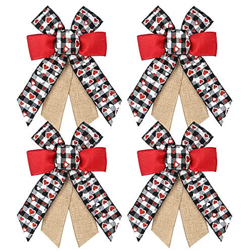 Hying 4 PCS Valentine's Day Bows for Wreath, Valentines Wreath Bow Black White Buffalo Plaid Bows Red Burlap Gift Bows for Front Door Wall Valentines Wedding Party Decorations