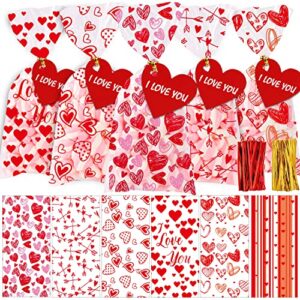 yujun 120 pcs valentines cellophane treat bags,valentines gift goodie candy red heart clear cello bags with 100 pieces heart tags for valentine’s day weeding party favor supplies(6 styles)