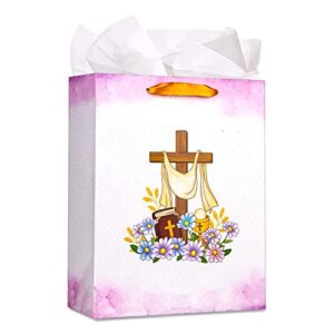 sicohome easter gift bag with handle 13″ religious gift bag with tissue paper and greeting card baptism gifts bag gift wrapping bags for party favor bags for easter christenings baptism first communions confirmations or religious party