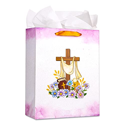 SICOHOME Easter Gift Bag with Handle 13" Religious Gift Bag with Tissue Paper and Greeting Card Baptism Gifts Bag Gift Wrapping Bags for Party Favor Bags for Easter Christenings Baptism First Communions Confirmations or Religious Party