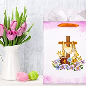 SICOHOME Easter Gift Bag with Handle 13" Religious Gift Bag with Tissue Paper and Greeting Card Baptism Gifts Bag Gift Wrapping Bags for Party Favor Bags for Easter Christenings Baptism First Communions Confirmations or Religious Party