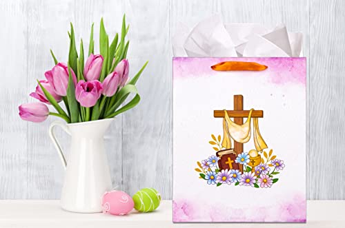 SICOHOME Easter Gift Bag with Handle 13" Religious Gift Bag with Tissue Paper and Greeting Card Baptism Gifts Bag Gift Wrapping Bags for Party Favor Bags for Easter Christenings Baptism First Communions Confirmations or Religious Party