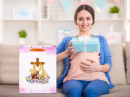 SICOHOME Easter Gift Bag with Handle 13" Religious Gift Bag with Tissue Paper and Greeting Card Baptism Gifts Bag Gift Wrapping Bags for Party Favor Bags for Easter Christenings Baptism First Communions Confirmations or Religious Party