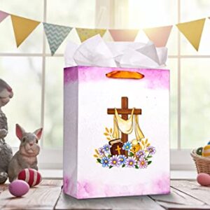 SICOHOME Easter Gift Bag with Handle 13" Religious Gift Bag with Tissue Paper and Greeting Card Baptism Gifts Bag Gift Wrapping Bags for Party Favor Bags for Easter Christenings Baptism First Communions Confirmations or Religious Party