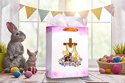 SICOHOME Easter Gift Bag with Handle 13" Religious Gift Bag with Tissue Paper and Greeting Card Baptism Gifts Bag Gift Wrapping Bags for Party Favor Bags for Easter Christenings Baptism First Communions Confirmations or Religious Party