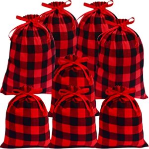 halatool 8 pack red buffalo plaid christmas bags with ribbon durable drawstring bag storage sack for xmas tree accessories candy presents wrapping supplies