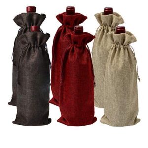 bozoa jute wine bags – (6pcs) burlap hessian wine bottle bags with drawstring 14 x 5.9 inches reusable gift red wine bags for dinner party wedding birthday favor(red/brown/linen color)