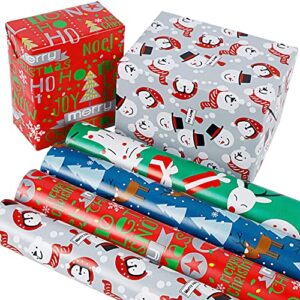 lulu home christmas wrapping paper set, 10ft x 30inch – 4 rolls (100 sq. ft. ttl) adorable art paper for wrapping, assorted cartoon wrapping paper jumbo rolls for kids xmas present packaging