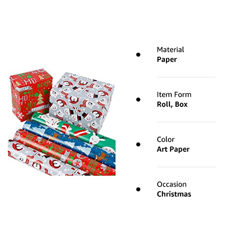 Lulu Home Christmas Wrapping Paper Set, 10ft x 30inch - 4 Rolls (100 sq. ft. ttl) Adorable Art Paper for Wrapping, Assorted Cartoon Wrapping Paper Jumbo Rolls for Kids Xmas Present Packaging