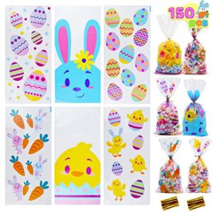 joyin 150 pcs easter cellophane bags, easter candy treat goodie bags with twisted ties, easter kids party favor party supplies