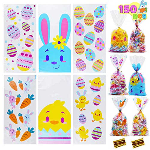 JOYIN 150 Pcs Easter Cellophane Bags, Easter Candy Treat Goodie Bags with Twisted Ties, Easter Kids Party Favor Party Supplies