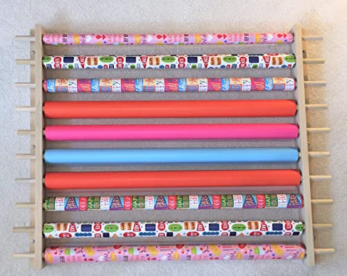 Storage Station, Organizer, Dispensing Rack for Gift Wrapping Paper, Ribbons, Cellophane, Vinyl Rolls, Paper & Other Arts & Crafts Items. Holds 10 Rows. Adjustable Width. Easy Wall Mount. Hardware Included.