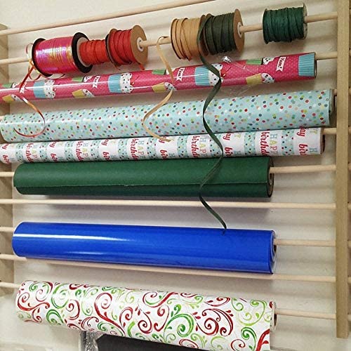 Storage Station, Organizer, Dispensing Rack for Gift Wrapping Paper, Ribbons, Cellophane, Vinyl Rolls, Paper & Other Arts & Crafts Items. Holds 10 Rows. Adjustable Width. Easy Wall Mount. Hardware Included.