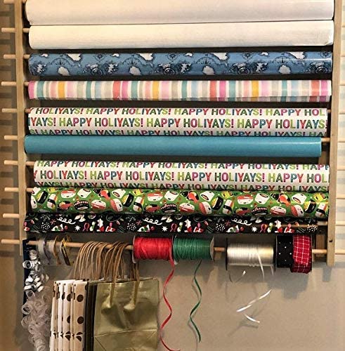 Storage Station, Organizer, Dispensing Rack for Gift Wrapping Paper, Ribbons, Cellophane, Vinyl Rolls, Paper & Other Arts & Crafts Items. Holds 10 Rows. Adjustable Width. Easy Wall Mount. Hardware Included.